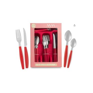 Imagem de Jogo de Talheres 25 Peças com Bandeja Organizadora, Vermelho, Aço Inox e Plástico, Cabos Ergonômicos, 6 Facas, 6 Garfos, 6 Colheres de Mesa, 6 Colheres de Chá