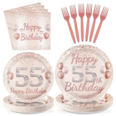 Imagem de 96 peças de artigos de festa de 55 anos para mulheres, ouro rosa, conjunto de pratos e guardanapos de papel descartáveis, decorações de aniversário de 55 anos, para mulheres, festa de 55 anos, serve