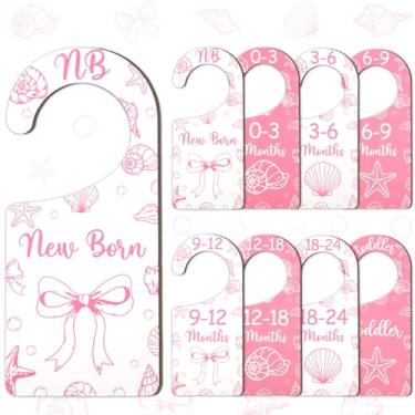 Imagem de CORNER LACE Divisórias de armário de bebê, 8 peças, concha rosa e laços temáticos de madeira dupla face, cabide/organizador de roupas de recém-nascido a criança para decoração de berçário, chá de bebê