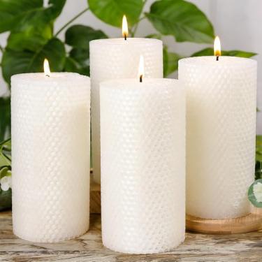Imagem de 4 pacotes de velas brancas de cera de abelha de 8 x 15 cm, velas grandes de pilar de cera de abelha, 45 horas de tempo de queima, vela de cera de abelha pura natural presente para decoração de casa