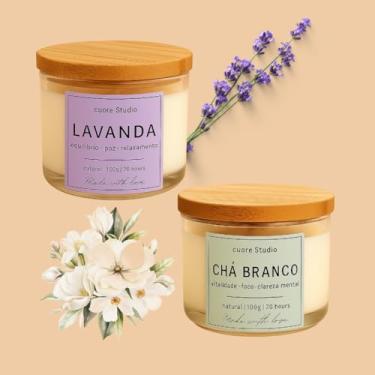 Imagem de Cuore Studio Vela Aromática Perfumada Natural, Kit com 2, Chá Branco, Vanilla, Baunilha, Alecrim, Lavanda, Capim Limão, Bamboo, Cereja e Avelã, Jasmim, 100g cada (Chá Branco e Lavanda)