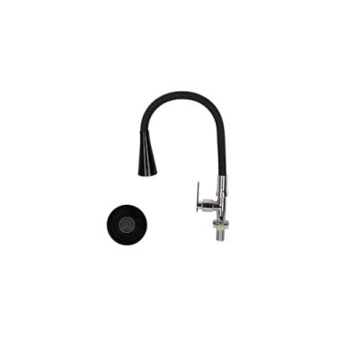 Imagem de Torneira de Mesa para Cozinha com Pescoço Flexível em Silicone, Ducha Dupla Função, Acabamento Cromado Inox com Preto, 62cm Altura