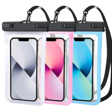 Imagem de Bolsa de telefone impermeável com 3 peças, capa impermeável IPX8 para Google iPhone 15 14 13 Pro Max Samsung S23 S22 até 7 polegadas para parque aquático de passeios de barco, transparente + rosa +