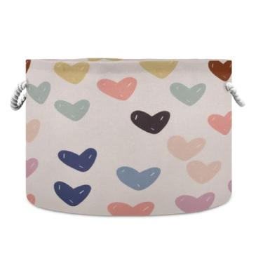 Imagem de JUZIHAI Caixa de armazenamento grande de corações coloridos para o Dia dos Namorados, cesto de roupa suja dobrável à prova d'água com alças de corda de algodão para organização doméstica no quarto