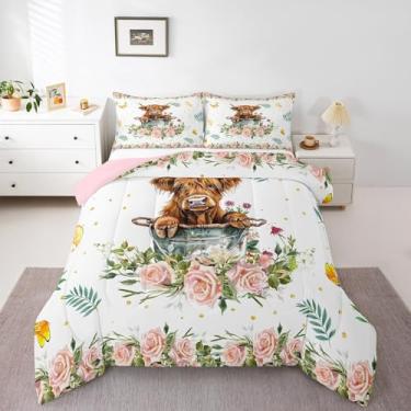 Imagem de Feelyou Conjunto de edredom Highland Gado para crianças, meninos e meninas, rosa, floral, tamanho solteiro, fofo, vaca Highland, conjunto de edredom com 3 peças