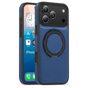 Imagem de SFDSUH Capa de couro para iPhone 16e com suporte magnético giratório 360° em metal (Azul Escuro)