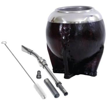 Imagem de Kit Cuia Uruguaia Couro com Pé e Bomba Mola 19cm Inox Tererê Chimarrão