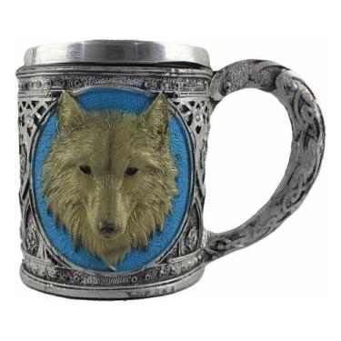 Imagem de Caneca Medieval Artesanal Lobo Geek 3D em Resina Copo em Aço Inox Gran