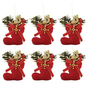 Imagem de Kit 6 Botinhas Veludo Vermelho Decoradas Mini Rena E Corneta Dourada 7cm - Magizi