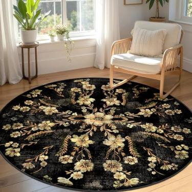 Imagem de Castage Tapete redondo dourado preto de 1,5 m, tapetes Boho Circle para quarto, sala de estar, lavável, vintage, boêmio, envelhecido, oriental, antiderrapante, floral