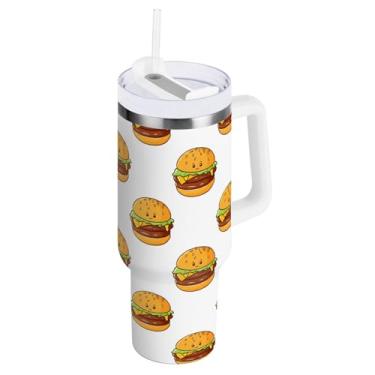 Imagem de ODAWA Copo de viagem isolado grande com alça e canudo, copo com isolamento de parede dupla de hambúrguer de desenho animado