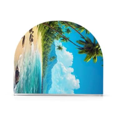 Imagem de Dispensador de guardanapos de palmeiras tropicais de praia, porta-guardanapos de plástico para lenços de coquetel, suporte de guardanapo vertical para organizar papel de cozinha