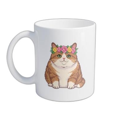 Imagem de Caneca Xícara de Café Porcelana 300ml Gato Gordinho Coroa Flores Pixel Art