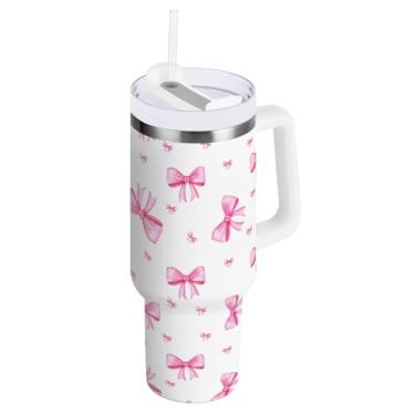 Imagem de ODAWA Copo de isolamento duplo com laço rosa fofo de 1,134 g com alça e tampa de canudo para viagem