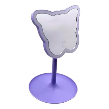 Imagem de Espelho de Mesa LED Formato Borboleta, Lilás, 40 LEDs, Touch-Screen, Base Removível, 29x13cm, Alimentado por Pilhas AAA