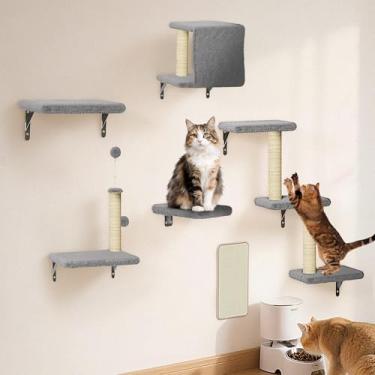 Imagem de Prateleiras de parede 6 em 1 para gatos grandes, conjunto de móveis com paredes de animais de estimação estáveis e seguras, cinza