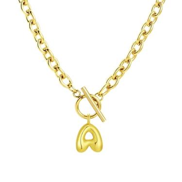 Imagem de Fiiuos Colar com inicial para mulheres, banhado a ouro 18 K, delicada, com pingente de letra bolha personalizada, corrente de elos grossos de clipe de papel com fecho de botão minimalista, joias de