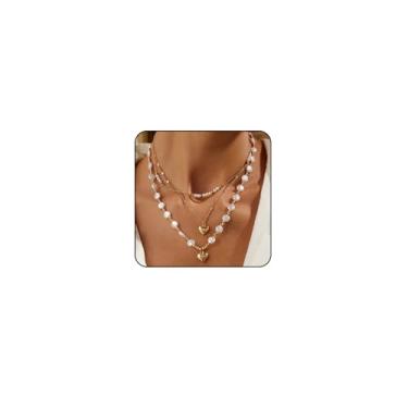 Imagem de Colares de ouro em camadas para mulheres, gargantilhas de pérolas, colares femininos com pingente de coração e laço pequeno, joia de pérola, Large, Metal, Sem Pedra Preciosa