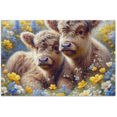 Imagem de Highland Cow Bezerro Pintura Bonito Adultos Quebra-cabeça 500 peças Família Quebra-cabeça Amantes Presentes Paisagem Puzzles Arte Decoração Pintura, 50,5 x 14,9 polegadas
