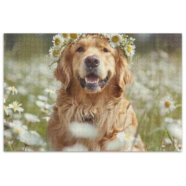 Imagem de Golden Retriever Quebra-cabeça de flor de cachorro adulto 1000 peças quebra-cabeças engraçados difíceis jogo de arte