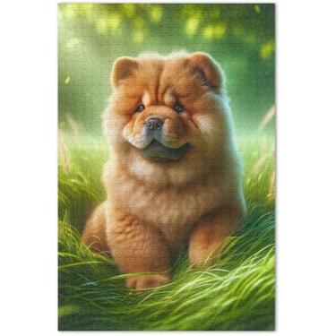 Imagem de Quebra-cabeça de cachorro Chow Chow fofo filhote de cachorro 1000 peças cenário adulto arte floral família quebra-cabeças amigos família presentes de jogo, 75 x 40 centímetros