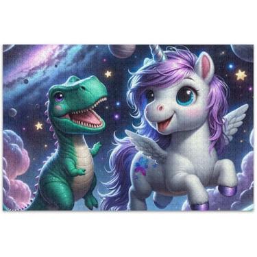 Imagem de Quebra-cabeça de unicórnio fofo espaço dinossauro para adultos 500 peças engraçado cena de outono brinquedo família arte