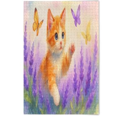 Imagem de Quebra-cabeça de 500 peças com estampa fofa de gato borboleta roxa para adultos, cenário decorativo, arte animal, quebra-cabeças difíceis, presentes tecnológicos para amantes, 500 peças, 52 cm x 37,8