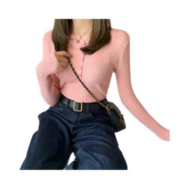Imagem de Suéter Feminino Slim Fit De Tricô Com Botões, Gola Redonda, Pulôver Pa