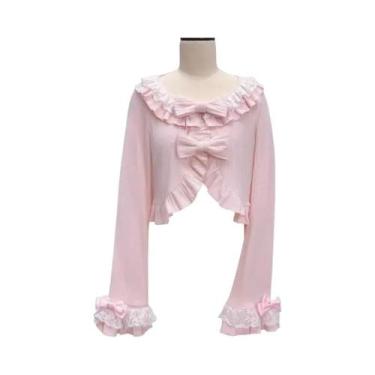 Imagem de Cardigan De Tricô Cropped Com Renda Em Coração Kawaii Lolita, Estilo V