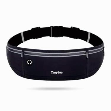 Imagem de TSUYTNA Pochete fina de corrida para homens e mulheres, suporte de telefone de corrida, bolsa para treino, cinto de dinheiro, 3 bolsos, acessórios de corrida para todos os telefones, Preto, 20 x 0.2 x