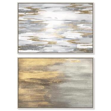 Imagem de Conjunto de 2 arte de parede de sala de estar com impressão em tela abstratos de luxo neutro por Art Remedy, moldura prata, 76 x 50 cm