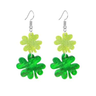Imagem de Dreuyet Brincos femininos de Dia de São Patrício, fofo, engraçado, acrílico, trevo irlandês, com pingente de trevo verde, chapéu de ferradura, brincos de gota de boa sorte, dia de São Patrício