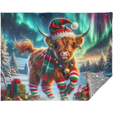 Imagem de Cobertor macio Highland Cow Christmas Aurora para acampamento mais macio para sofá 177,8 cm x 139,7 cm cobertor solteiro personalizado legal