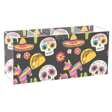 Imagem de TSENQUE Porta-canetas de acrílico colorido personalizado de crânio mexicano preto fofo para mesa de marcador, pincel de maquiagem, porta-lápis, organizador de escritório para mesa