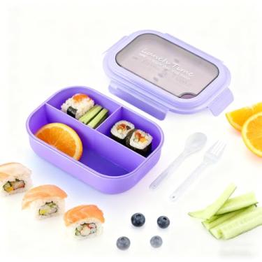 Imagem de Bento Box, recipientes de almoço de 1450 ml com colher e garfo, suporte de refeição fácil de transportar com 3 compartimentos, livre de BPA, à prova de vazamento, perfeito para comer fora (roxo)