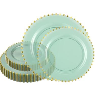 Imagem de PLASTICPRO Combo de 64 peças de pratos de jantar de plástico descartáveis extravagantes e resistentes pratos de festa 17,8 cm e 25,4 cm, verde translúcido e contas douradas