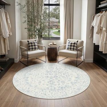 Imagem de PureCozy Tapete redondo azul de 0,9 m, tapete de porta de entrada, círculo pequeno, 7,5 x 7,6 cm, tapete vintage, antiderrapante, para uso interno, quarto, lavável, envelhecido, floral, retrô