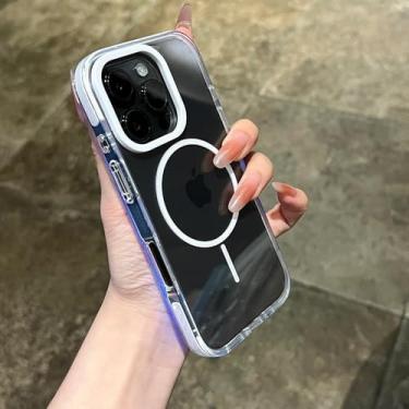 Imagem de Capa magnética transparente com alça de pulso para iPhone 14, 15, 16 Plus, 11, 12, 13, 16 Pro Max, capa protetora transparente à prova de choque e carregamento, branca, para iPhone 12