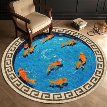 Imagem de Qmkmyy Tapetes redondos de ilusão 3D para aquários de peixes, 1,2 m para sala de jogos, sala de estudo, azul, tapete de área oriental, ultrafino, tapetes circulares