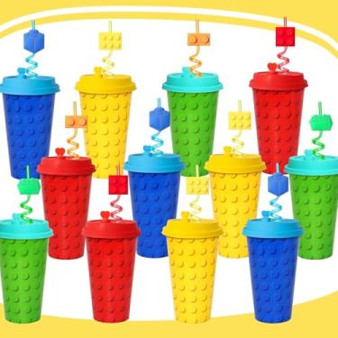 Imagem de FZR Legend 24 conjuntos de blocos de montar copos de lembrancinhas de festa com canudos, copos de tijolos de 473 ml com tampas para decoração de festa de aniversário de blocos de construção