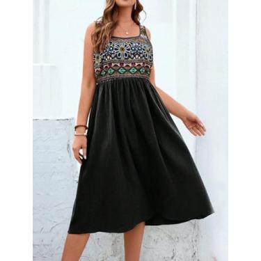 Imagem de Vestido feminino preto Boho Midi - Vestido rodado bordado sem mangas, Voltar, Small