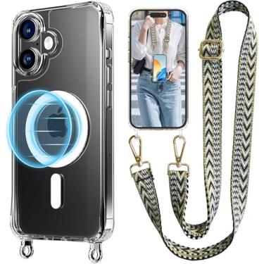 Imagem de UnnFiko Capa para iPhone 17 compatível com Magsafe transparente, capa transversal para celular com alça de ombro, proteção à prova de choque, capa magnética para iPhone 17 (seta de malha verde)