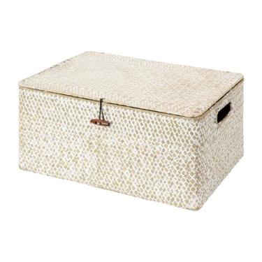Imagem de StorageWorks Cestas de vime com tampa, cestas de armazenamento de algas marinhas para prateleiras, caixa decorativa com alças embutidas, branca