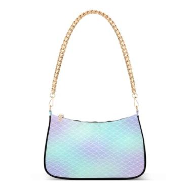 Imagem de Bolsa de ombro com escamas de sereia gradiente pastel, corrente roxa, bolsa de mão média fofa para mulheres, bolsa Hobo moderna para uso diário ou noite