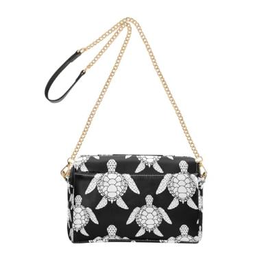 Imagem de Joitme Bolsa tiracolo feminina, estampa de tartarugas marinhas brancas, preta, bolsa de ombro de couro PU com alça de corrente