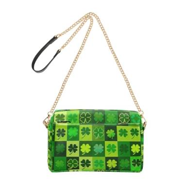 Imagem de Bolsa feminina transversal bolsa de telefone linda verde quadrados trevos trevos couro PU bolsa de ombro alça de corrente
