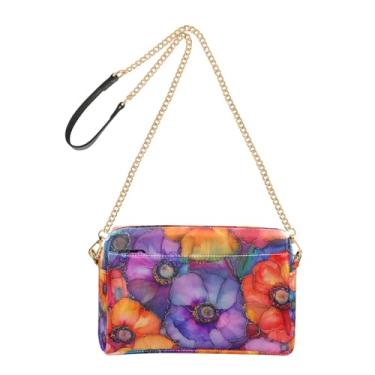 Imagem de Bolsa transversal feminina bolsa para celular bolsa de tinta colorida floral mistura de cores PU bolsa de ombro alça de corrente