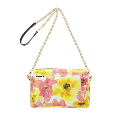 Imagem de Bolsa feminina floral amarela e rosa aquarela bolsa transversal para celular bolsa de ombro de couro PU com alça de corrente