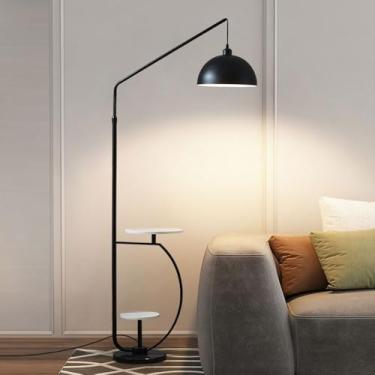 Imagem de Luminária de chão multifuncional com 2 mesas redondas, cúpula de metal, luminária vertical, luminária alta de metal polido, luminária de chão decorativa para interiores, base de mármore para