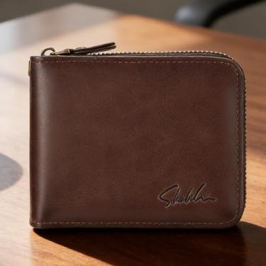 Imagem de Carteira masculina moderna marrom escuro com zíper em relevo padrão de microfibra leve, design moderno marrom escuro com zíper curto com microfibra em relevo, leve